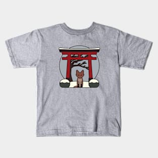 Kitsune - Fox visits Shrine in Japan - Winter Kids T-Shirt